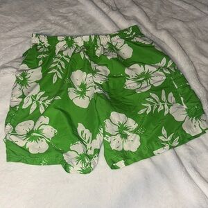 RS Surf 3X Green and White Hibiscus Swim Trunks with Elastic Waistband